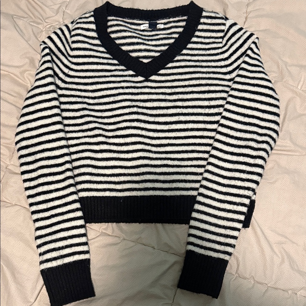 American Eagle Outfitters Black and White Striped Crew Neck Sweater